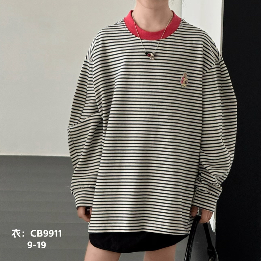 品牌童装9911早秋款新品女童韩版简约黑白条撞色宽松休闲长袖T恤