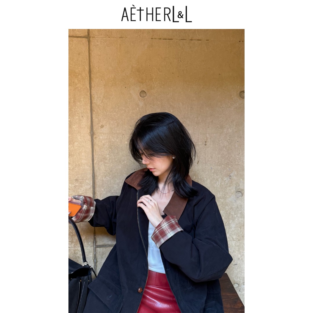 AETHERLL 拼色翻领长袖中长款外套女秋冬复古宽松百搭大衣 A1006