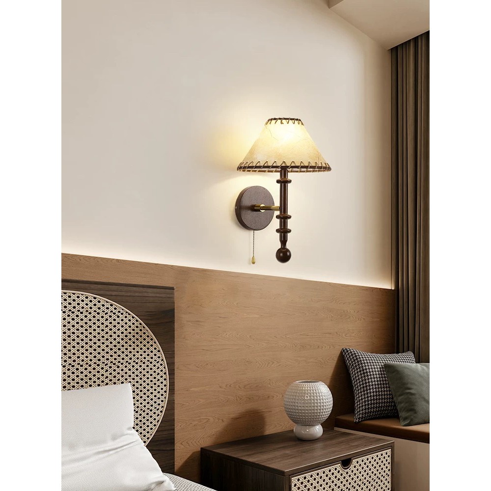 复古布艺卧室床头壁灯简约现代美式中古实木装饰灯客厅背景墙壁灯