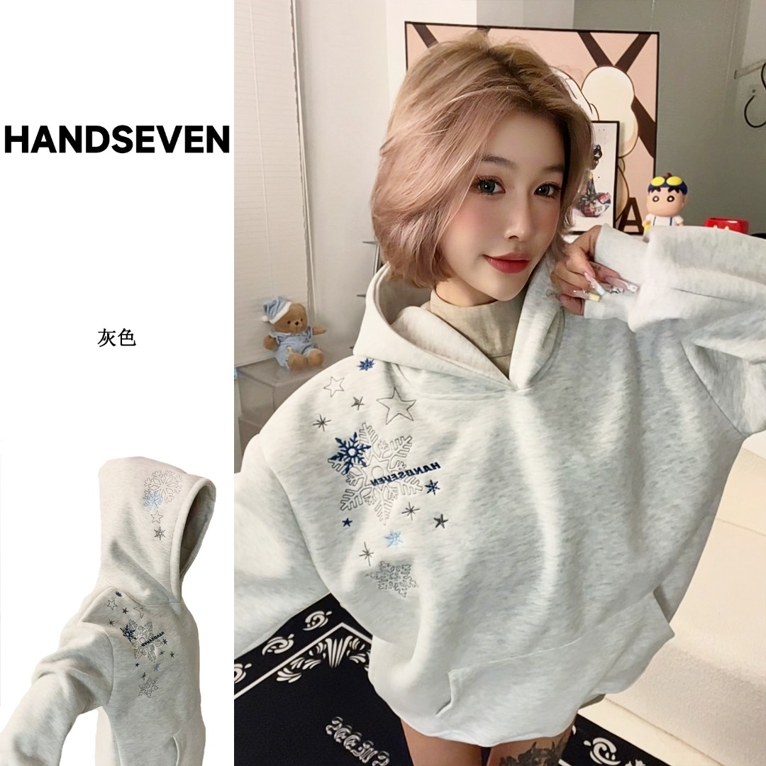 HandSeven秋冬加绒卫衣重磅雪花刺绣连帽卫衣宽松百搭休闲上衣ins