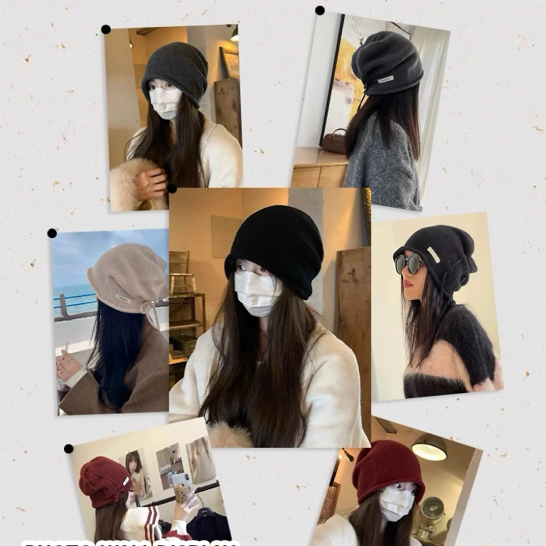【100%】抽绳堆堆帽子女秋冬保暖卷边针织毛线帽慵懒风套头冷帽