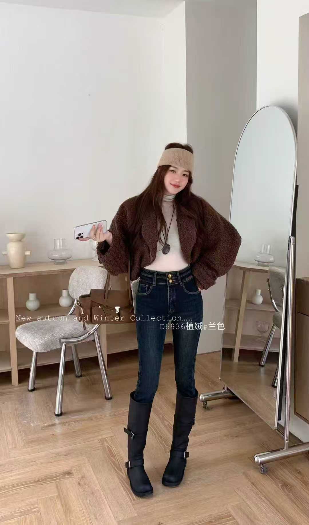 【娜姐家】6936高档爆款弹力植绒铅笔小脚裤