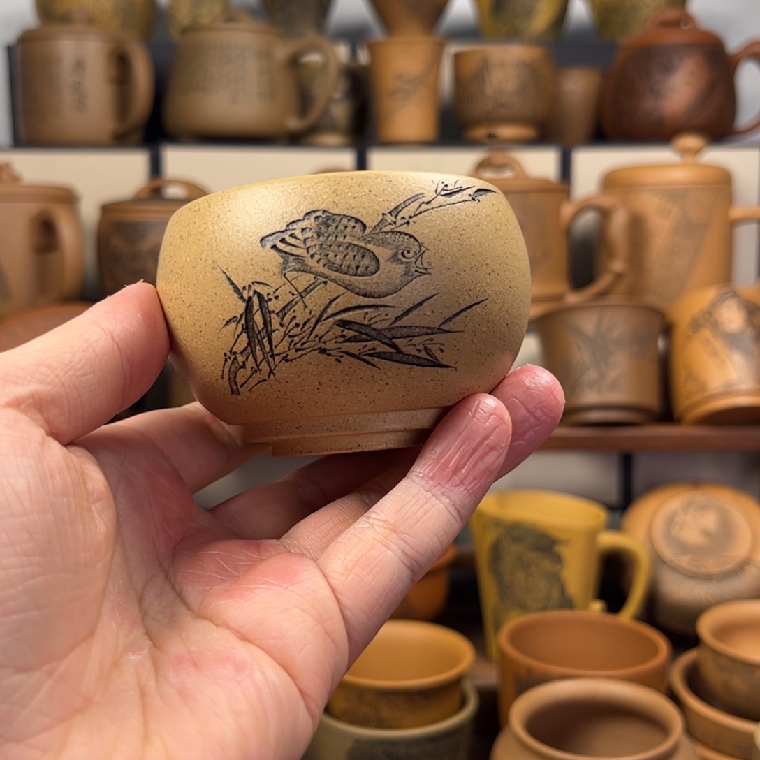 花***李紫砂杯子无锦盒小鸟刻绘紫砂主人杯