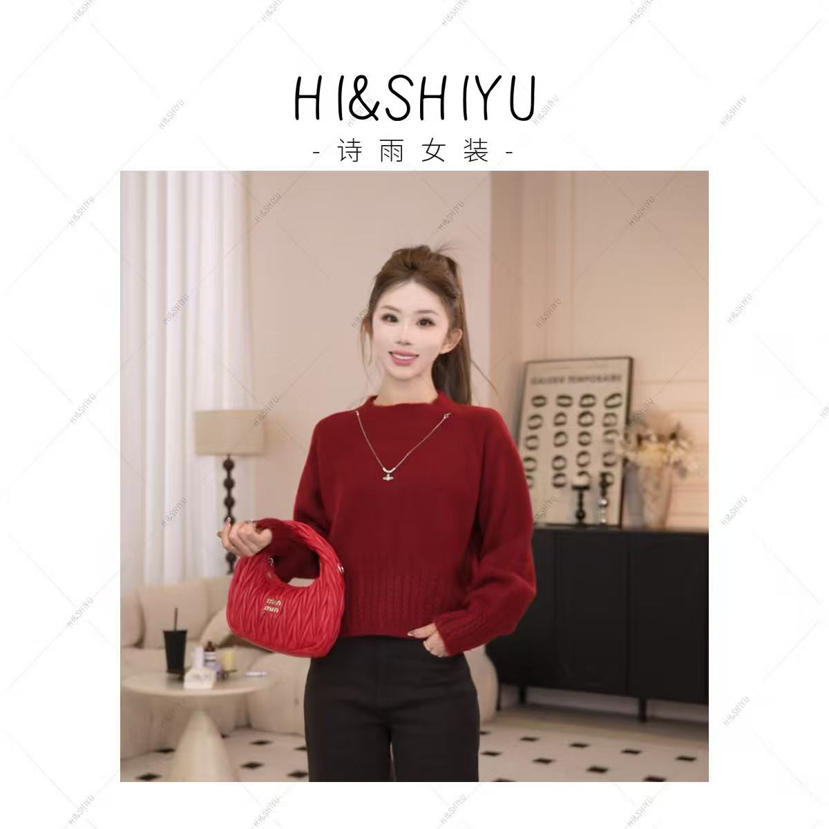 HISHIYU【彩虹盘】圆领秋季宽松针织甜美风毛针织衫红色气质打底衫