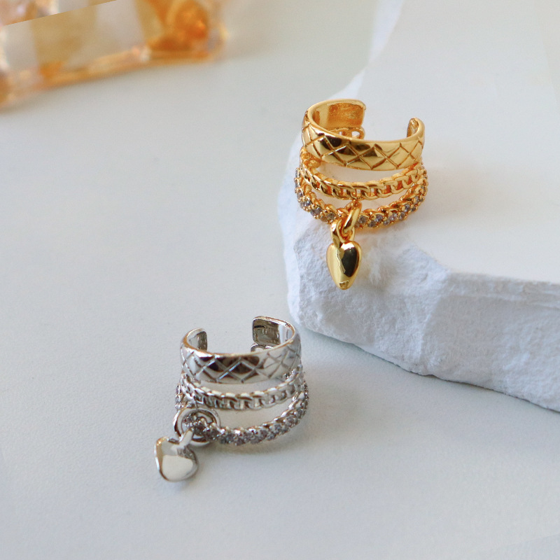 铜合金锆石耳饰 格纹爱心耳骨夹个性无耳洞简约时尚百搭耳饰法式