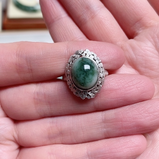 透闪石-蛇纹石玉戒指银S925镶嵌