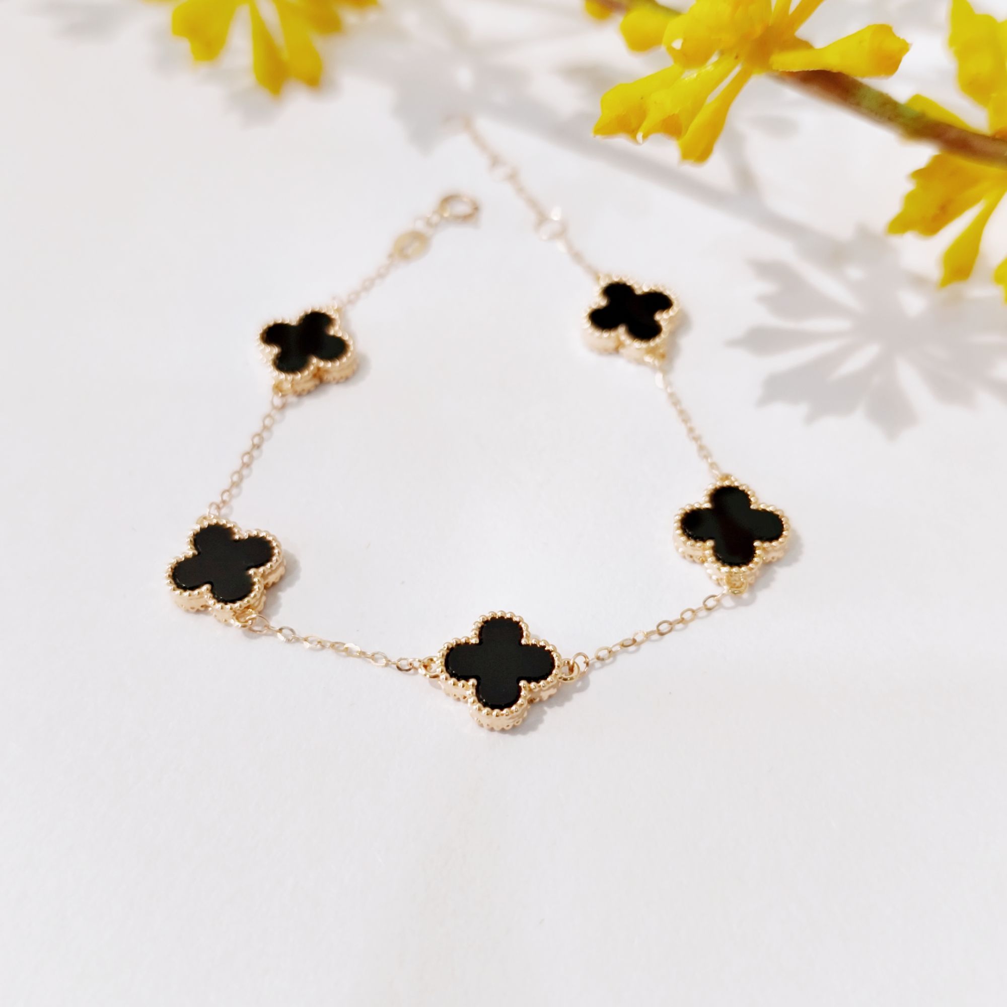 五花 18k金镶嵌黑玛瑙手链 10mm 女士气质优雅 多样性发一