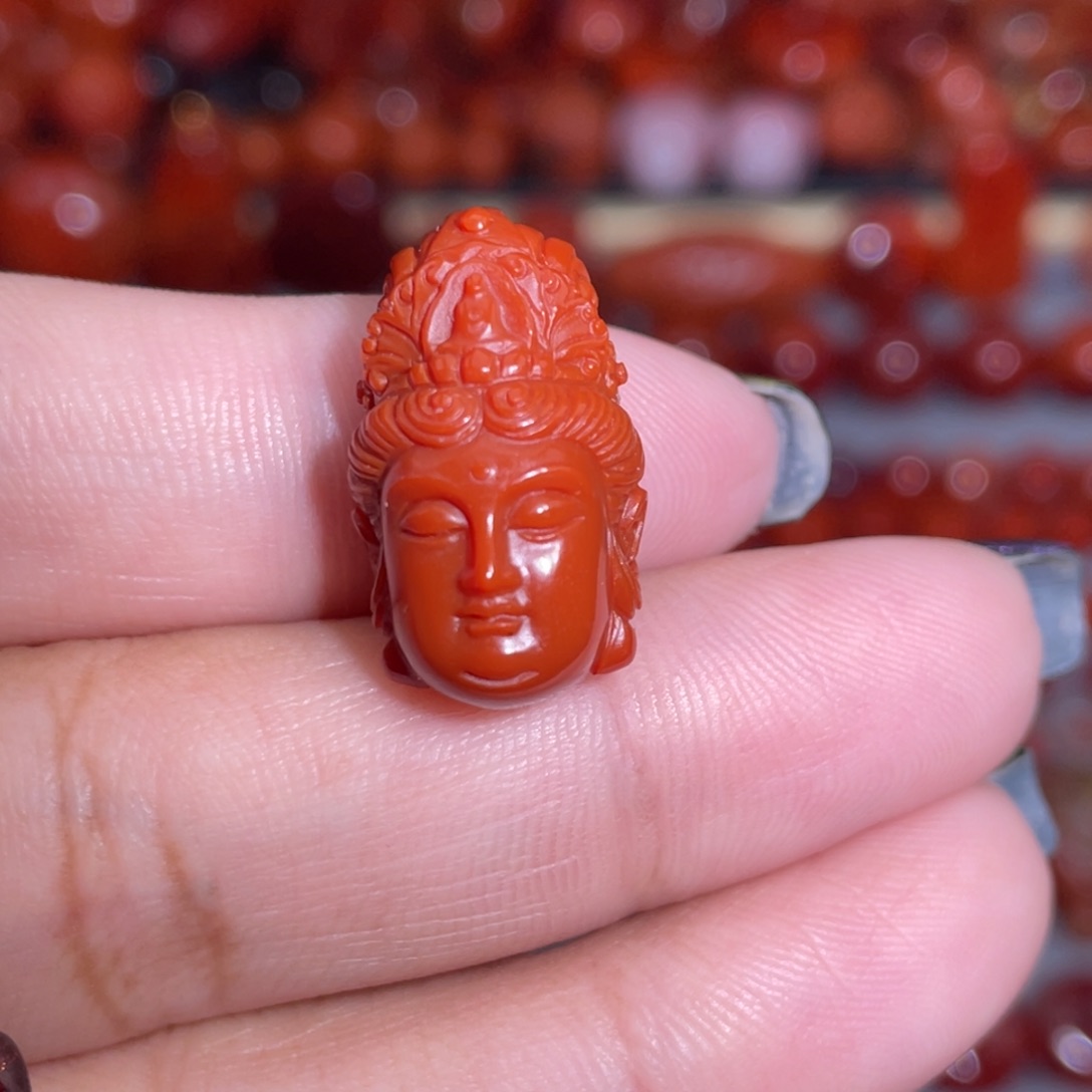 南红玛瑙未镶嵌瓦西柿子红满色满肉苏工精雕观音头