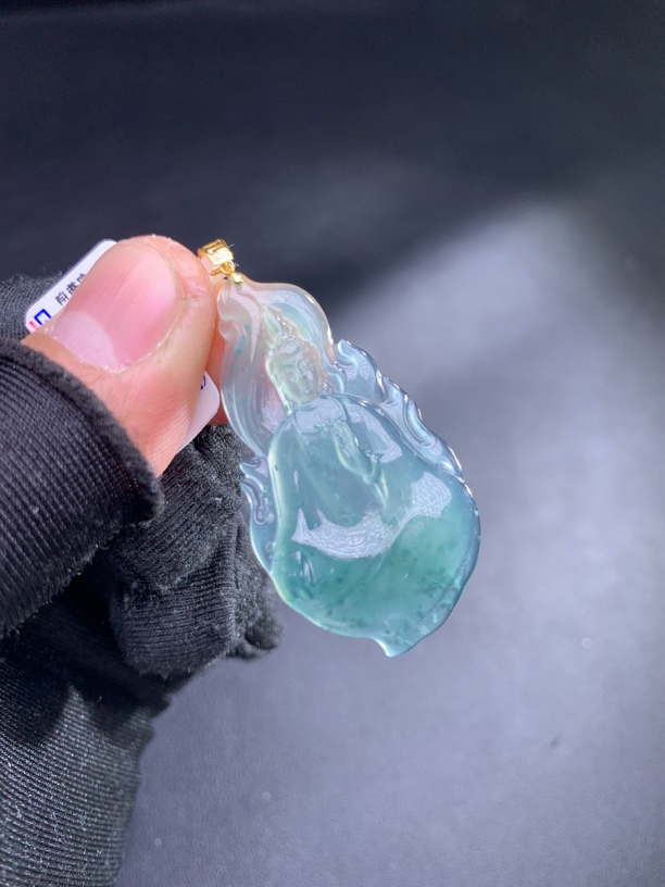 天然A货翡翠18K金镶嵌火焰素衣观音时尚气质女款吊坠挂坠精雕