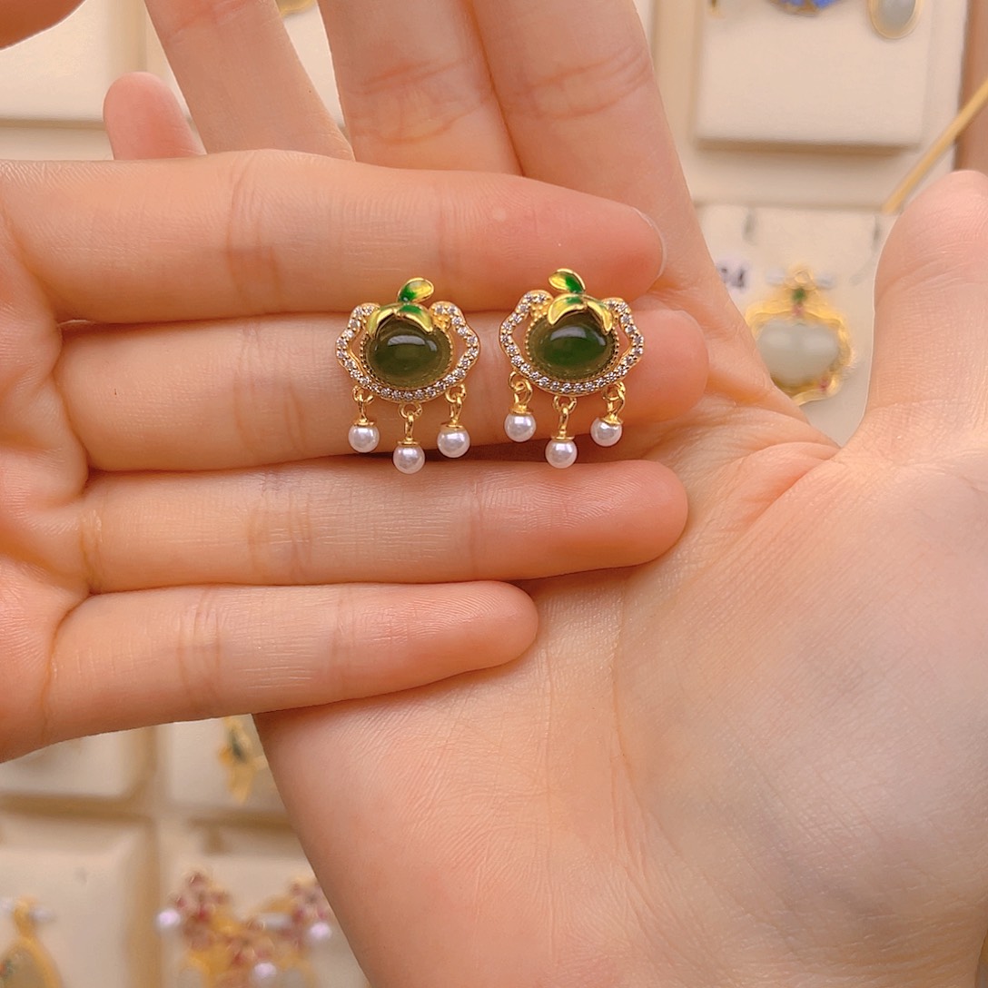 和田玉耳饰银S925镀金镶嵌