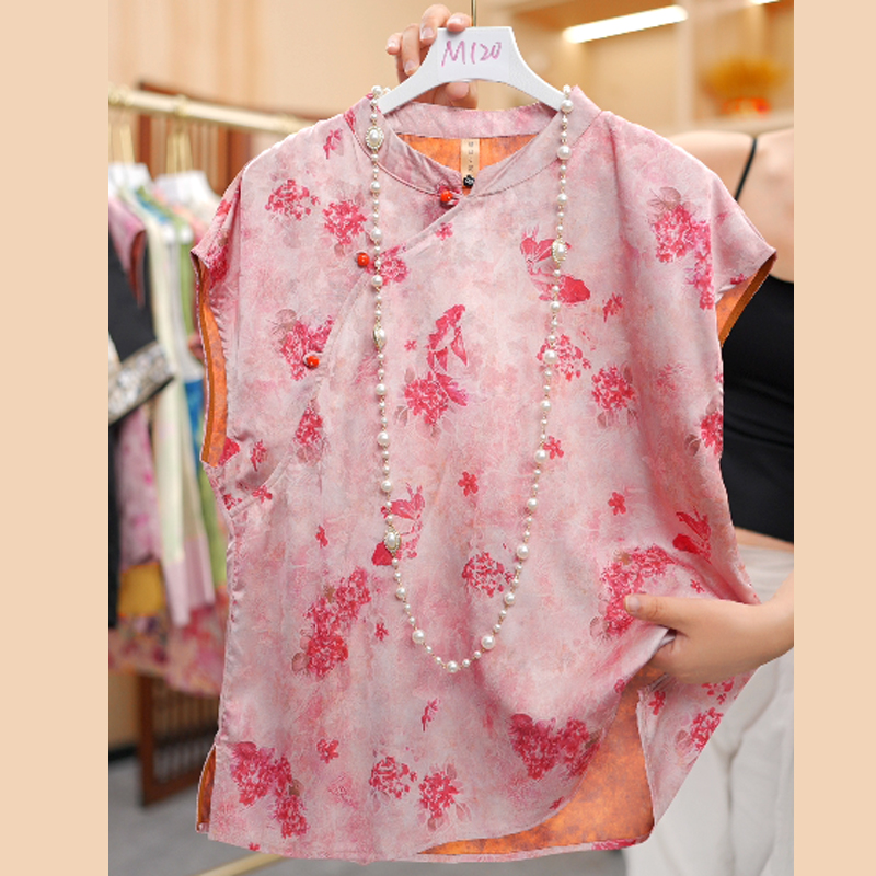 M120粉色小立领落肩袖宽松舒适复古风新中式气质时尚款茶服上衣