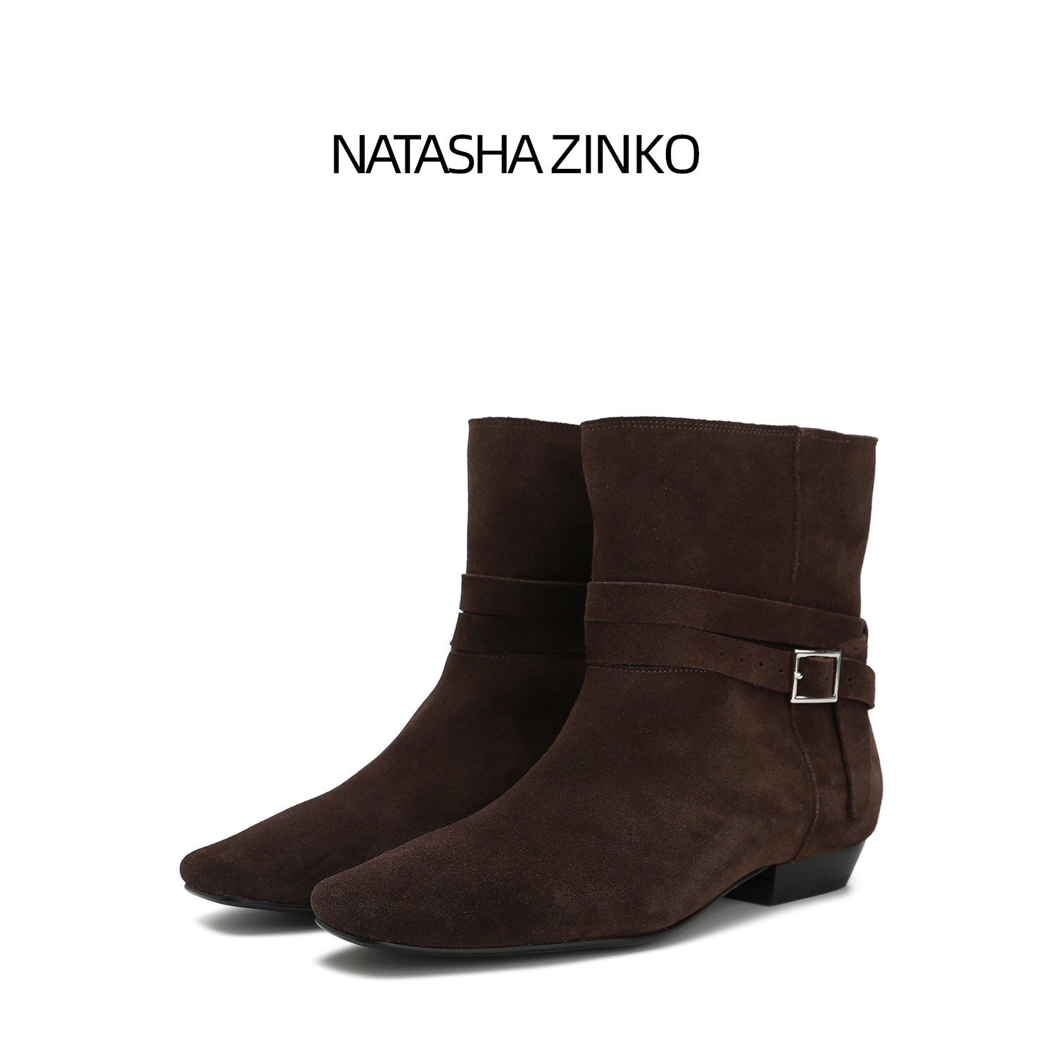 {我是甄老板}Natasha Zinko羊反绒两穿扣带短靴女方头低跟宽筒靴