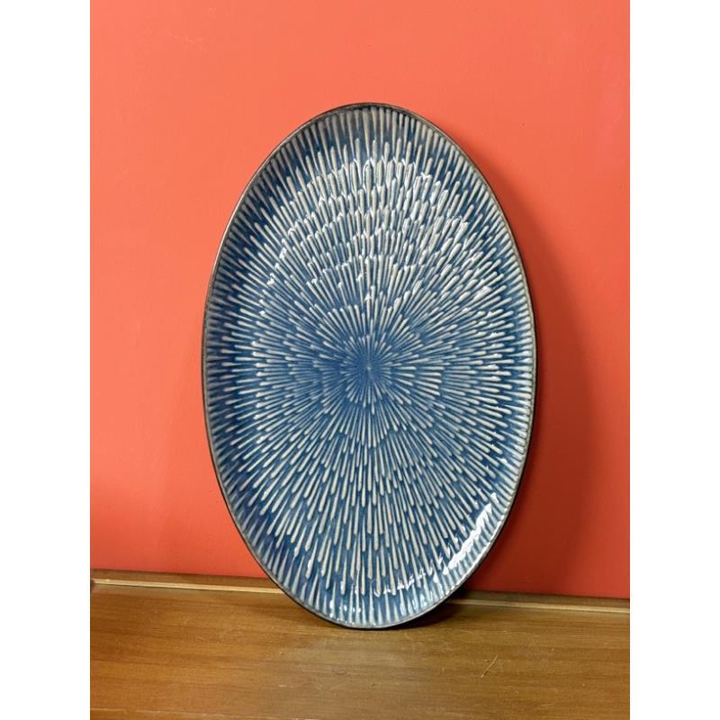 674  微瑕品蓝色椭圆形大号鱼盘陶瓷鱼盘