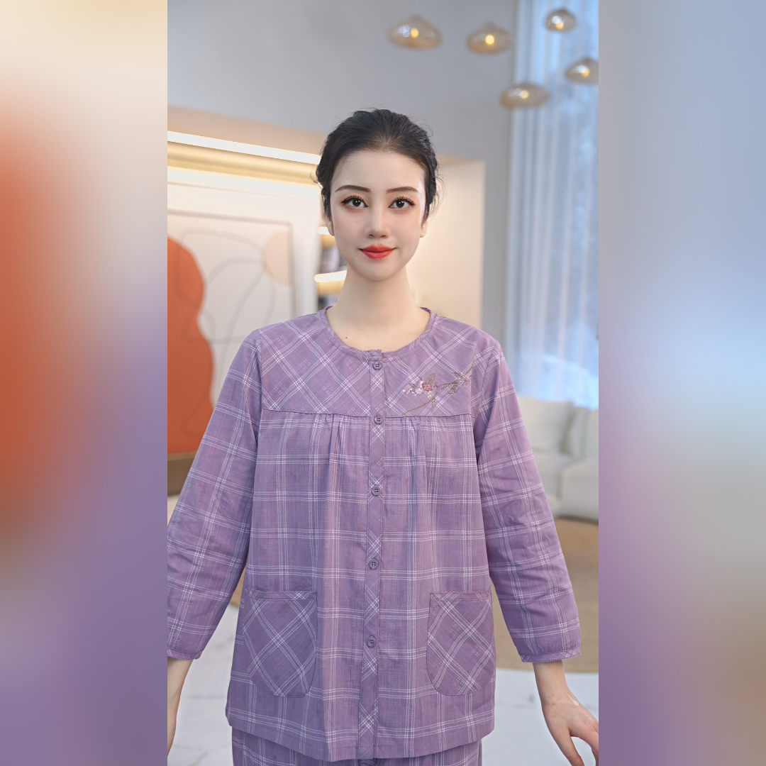 秋鹿RC梭织提花格圆领九分袖九分裤女套