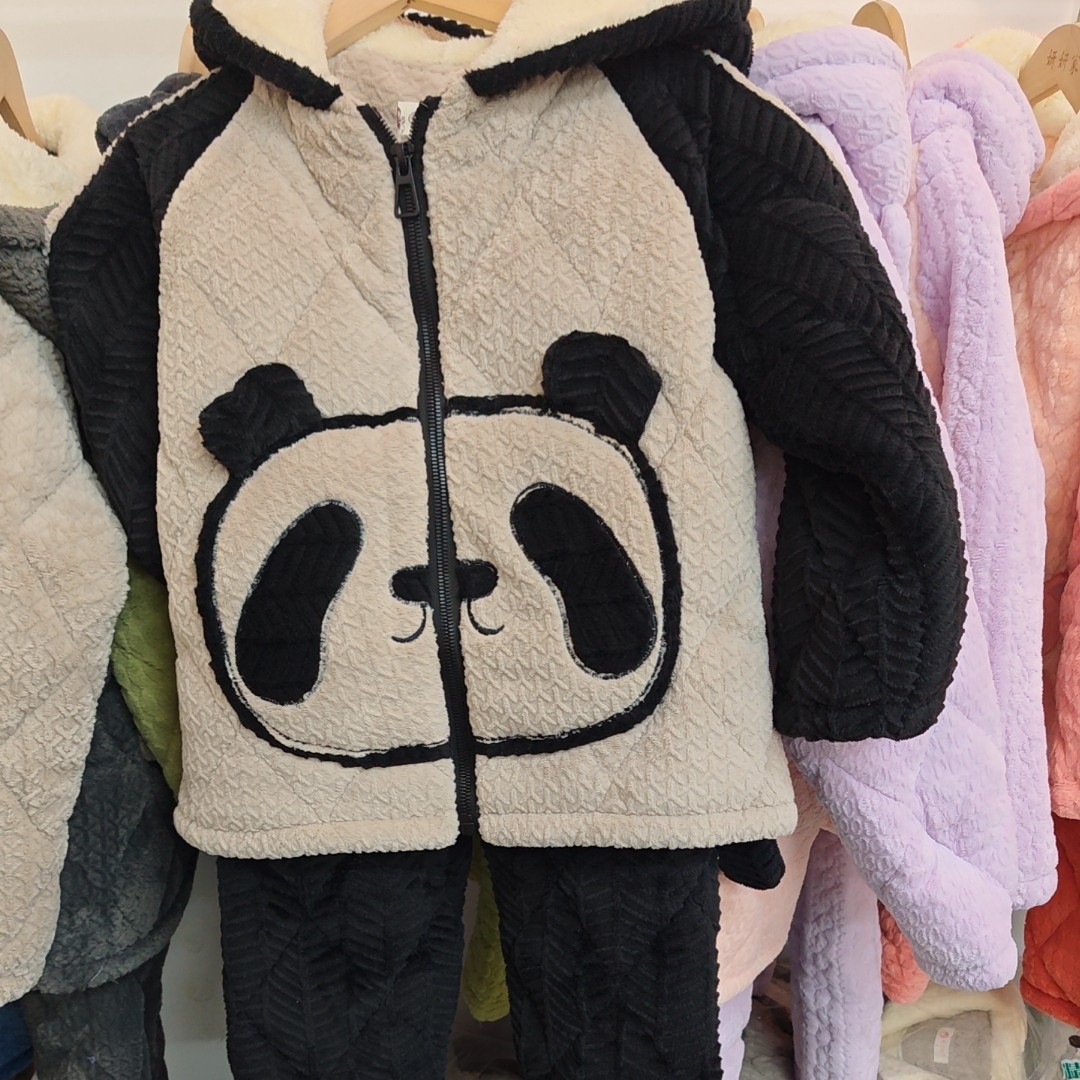 秋冬季男童睡衣三层夹棉牛奶绒加厚保暖熊猫连帽家居服套装