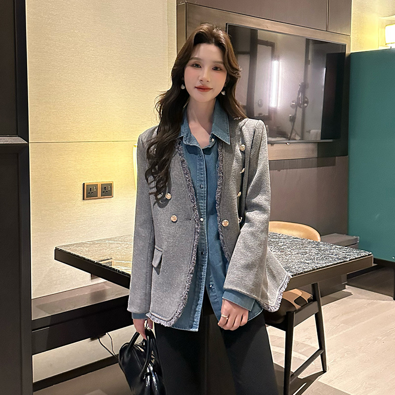 奢姿2024年秋冬新款大码女装小香风气质上衣胖妹妹拼接毛边外套