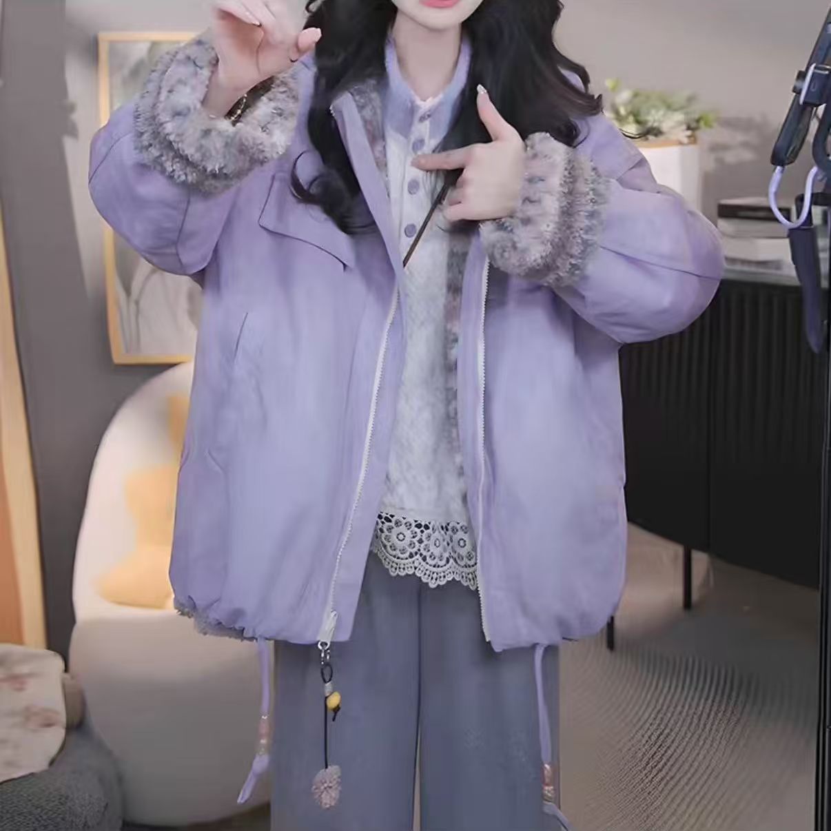 紫色短外套百搭加绒冬季外套女款秋冬韩版机车夹克