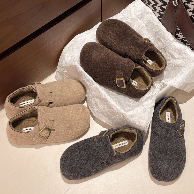 冬季保暖单鞋一脚蹬防滑毛毛鞋加绒保暖厚底豆豆单鞋