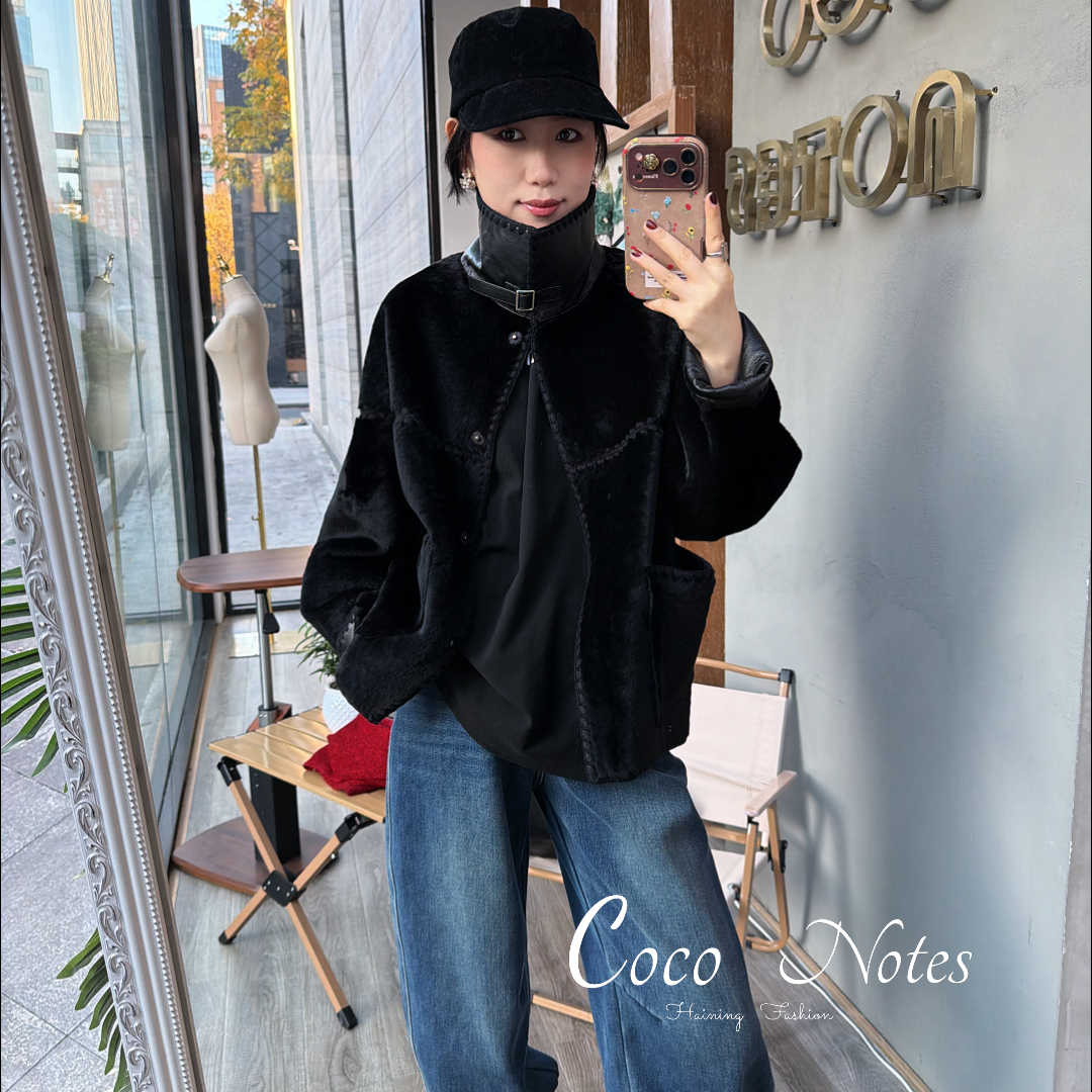COCO NOTES MG5127冬季新品羊毛皮皮毛一体翻领口袋皮草上衣外套
