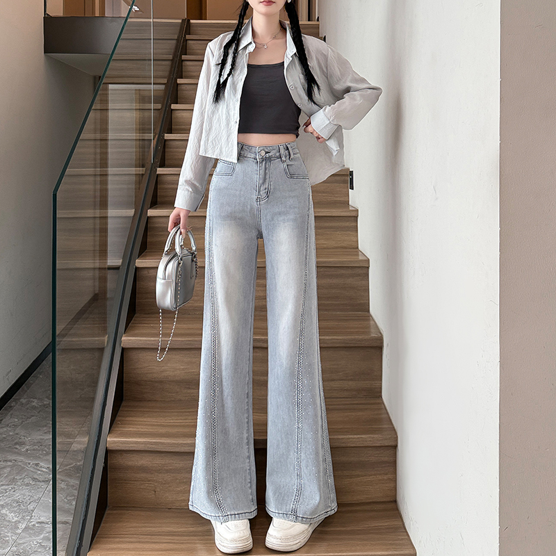 小个子春夏季高腰阔腿宽松微喇牛仔裤女2025新款亮片九分长裤