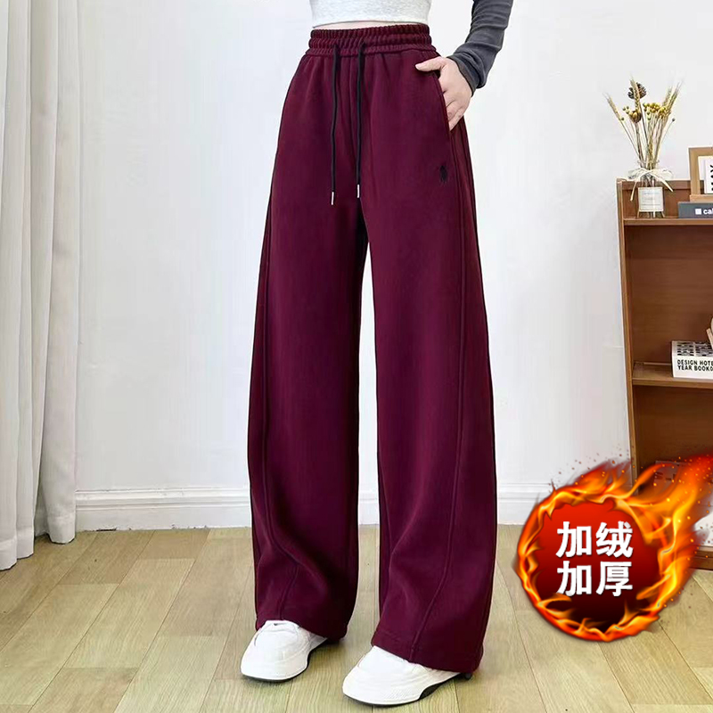 2025新款秋冬季加绒深蓝阔腿裤加绒加厚款女士卫裤高腰微弹保暖裤