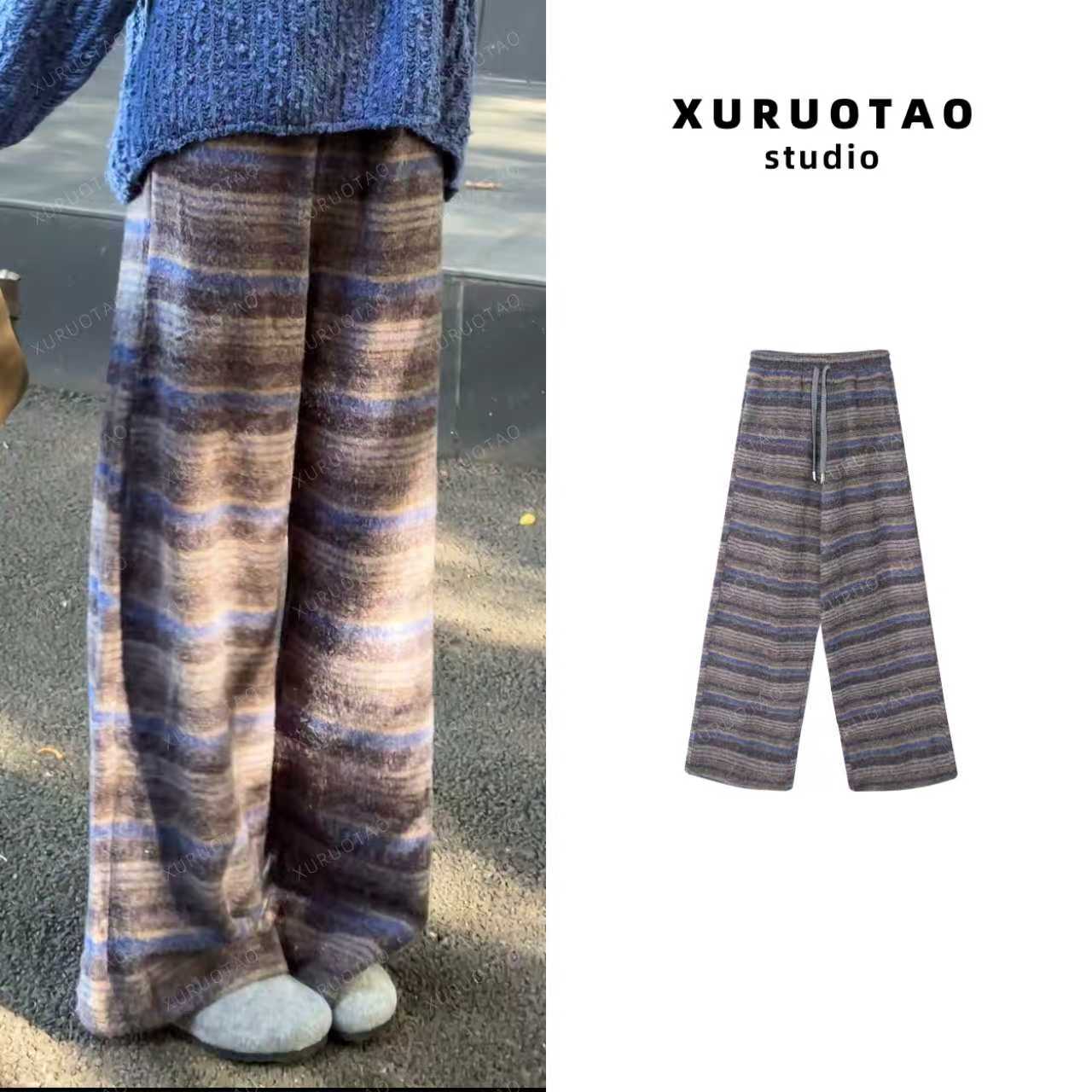 XURUOTAO【羊绒毛巾裤】羊绒条纹时髦柔软设计显瘦蓝色休闲裤 T5716