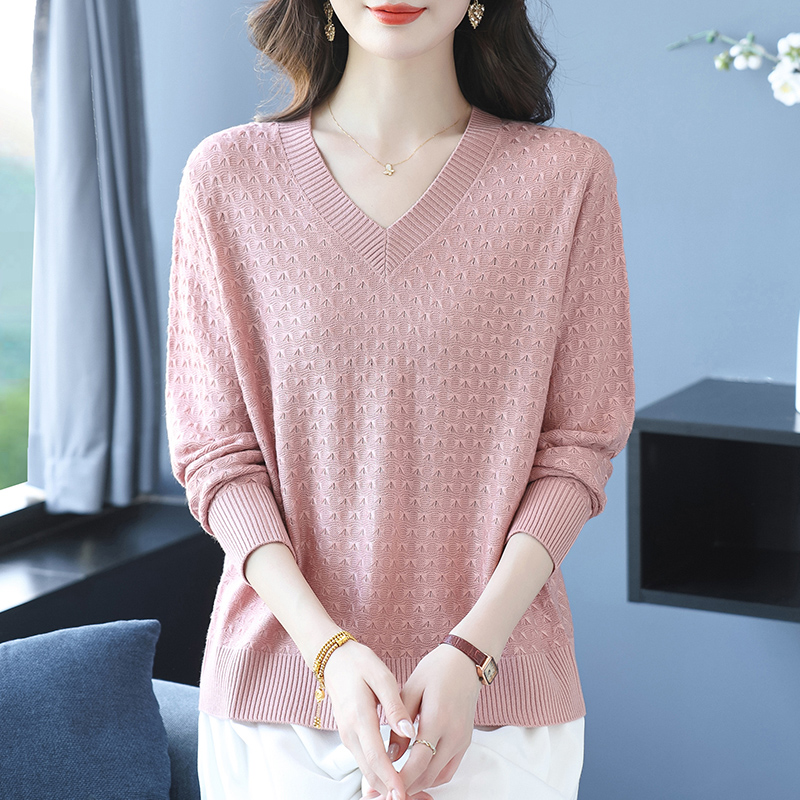 2025秋季新款V领针织衫女宽松遮肚时尚上衣薄款XMY-89139