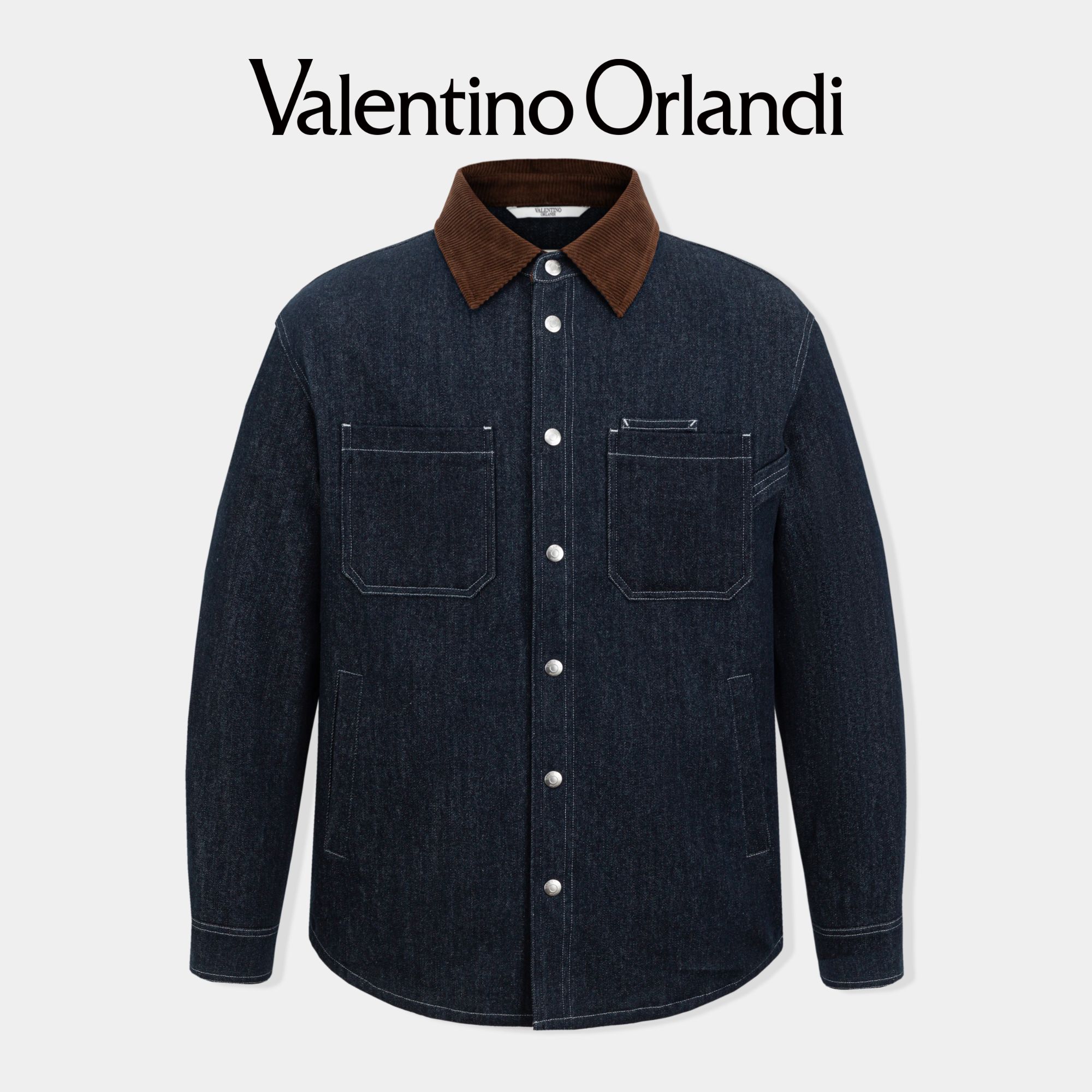 Valentino orlandi男士秋冬时尚百搭字母印花翻领牛仔棉服外套