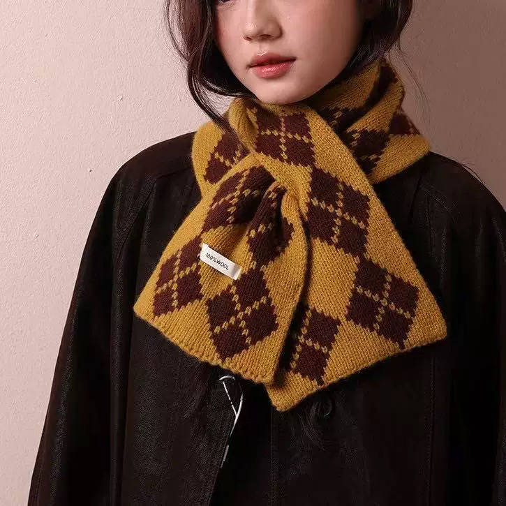 【S016】菱格韩系情侣保暖围脖双层针织秋冬新款百搭围巾100%纯羊毛