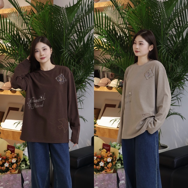 JR上衣｜双色复古宽松字母印花加绒长袖T恤190876