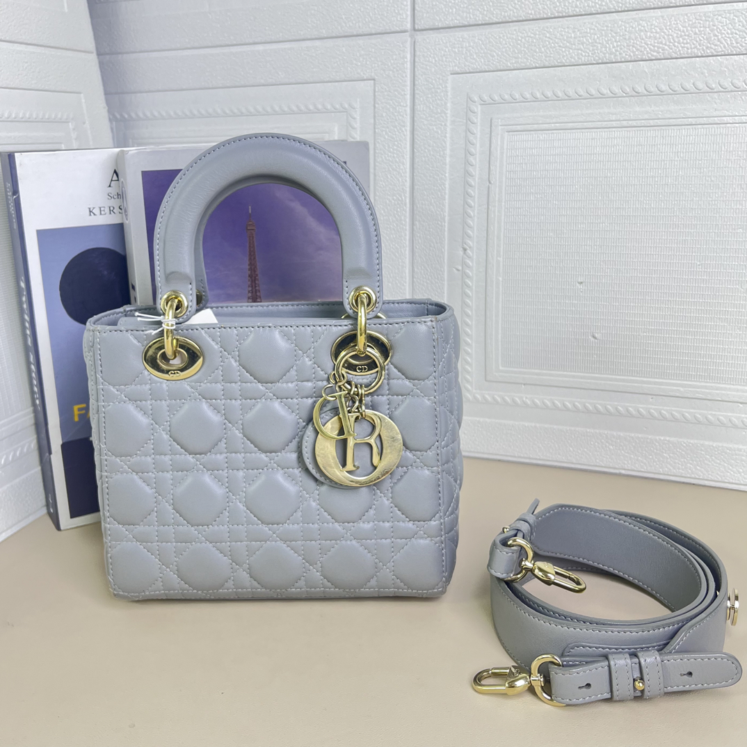 95新 DIOR/迪奥 冷灰色四格戴妃手提斜挎包