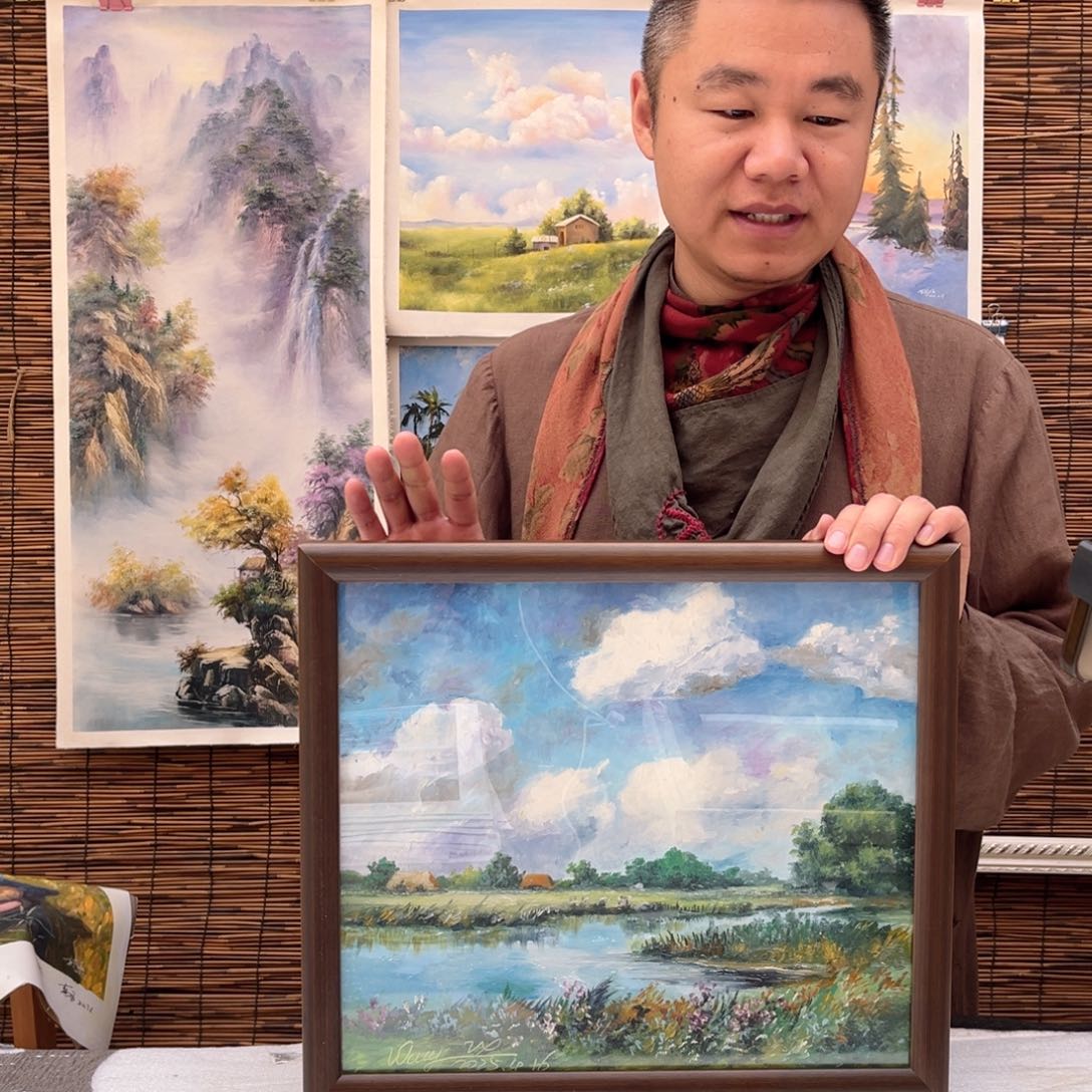 油画行路人小院绘画作品竞拍