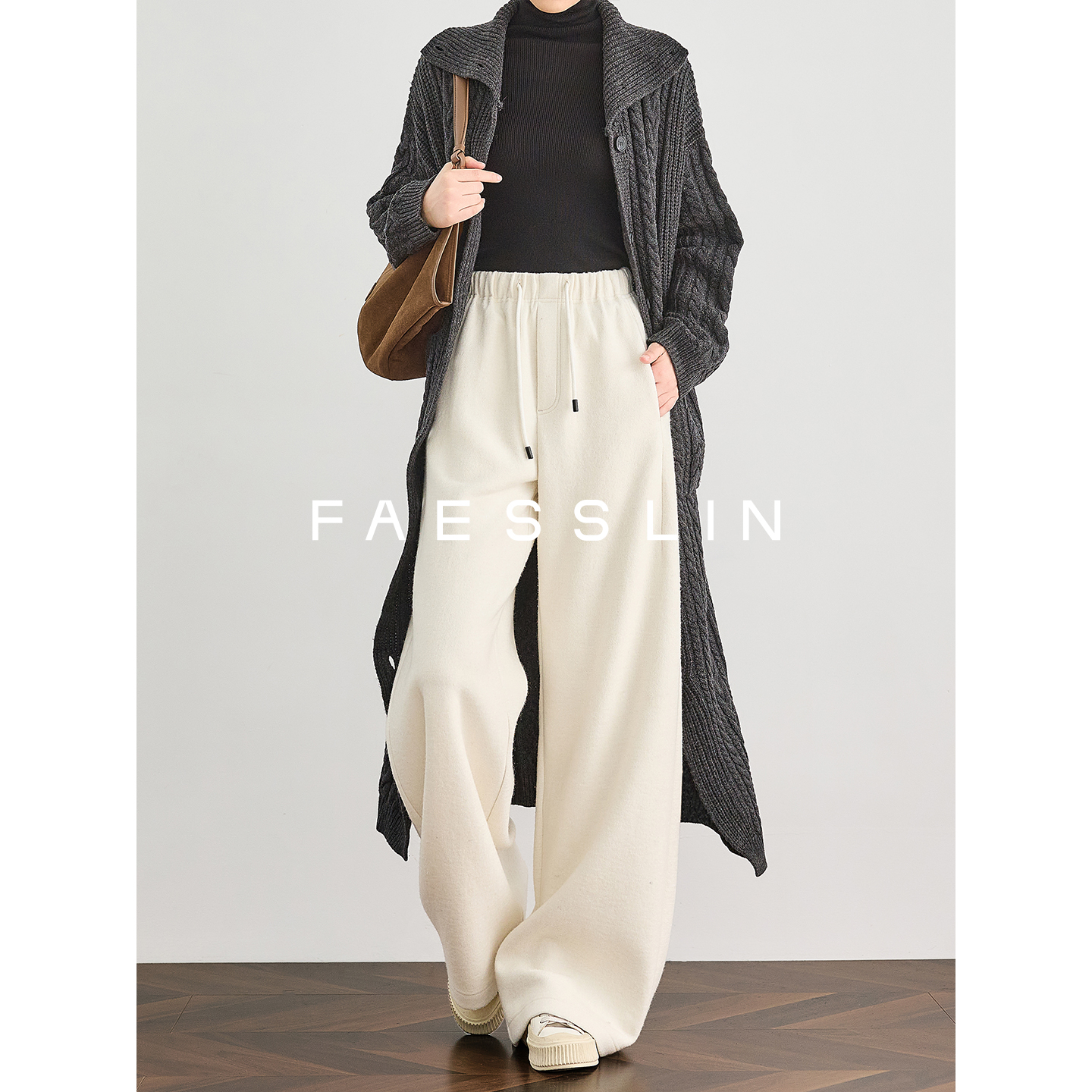 FAESSLIN【保暖不臃肿】白色羊毛卫裤松紧直筒宽松阔腿裤女 | 7153