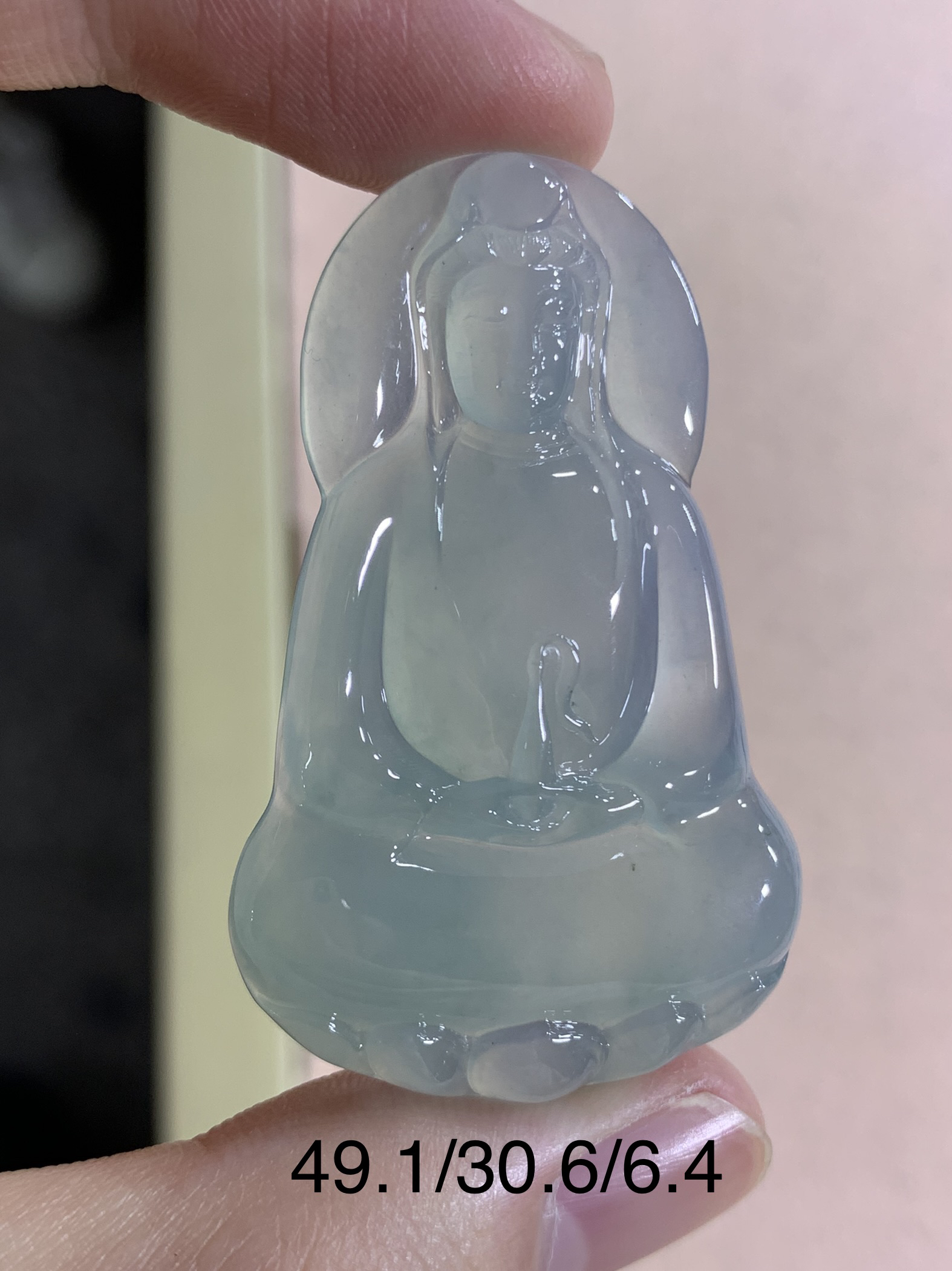 天然缅甸翡翠A货素衣观音吊坠，冰种蓝底，胶润细腻，男士佩戴