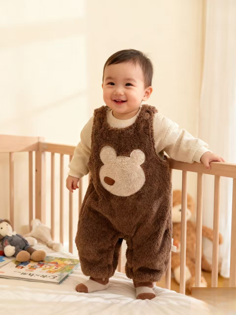（胖米定制）新生儿婴幼儿秋冬新款加绒背带套装（上衣+背带裤）