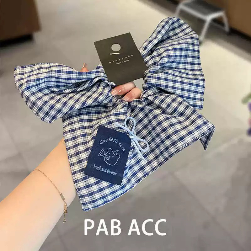 格纹蓝色布贴方巾发圈发饰蝴蝶结发带女2025新款高级感发绳