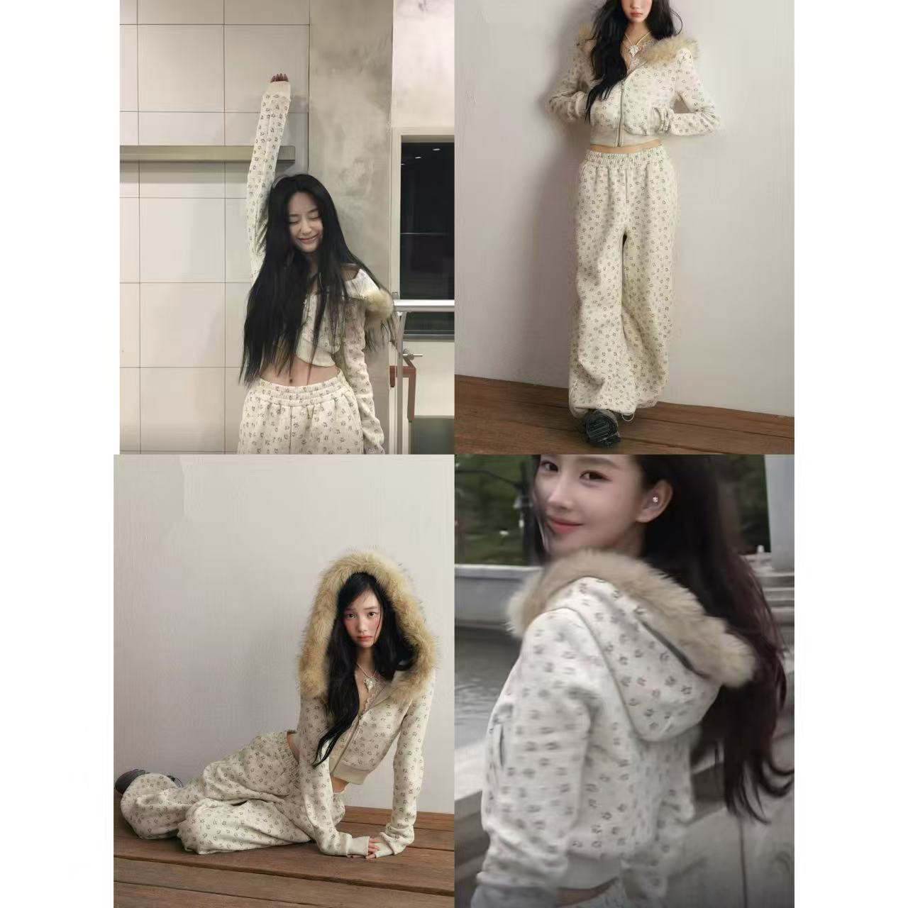 徐秋阳  碎花甜心 碎花短款毛领连帽加绒卫衣外套松紧腰卫裤15052