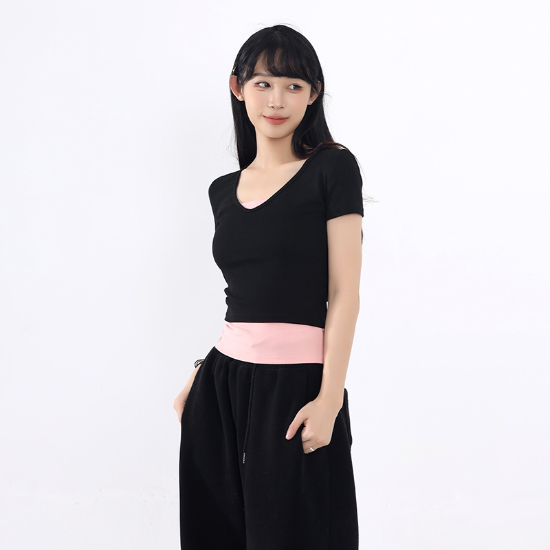 2025年春季新款撞色拼接假两件v领正肩短袖女