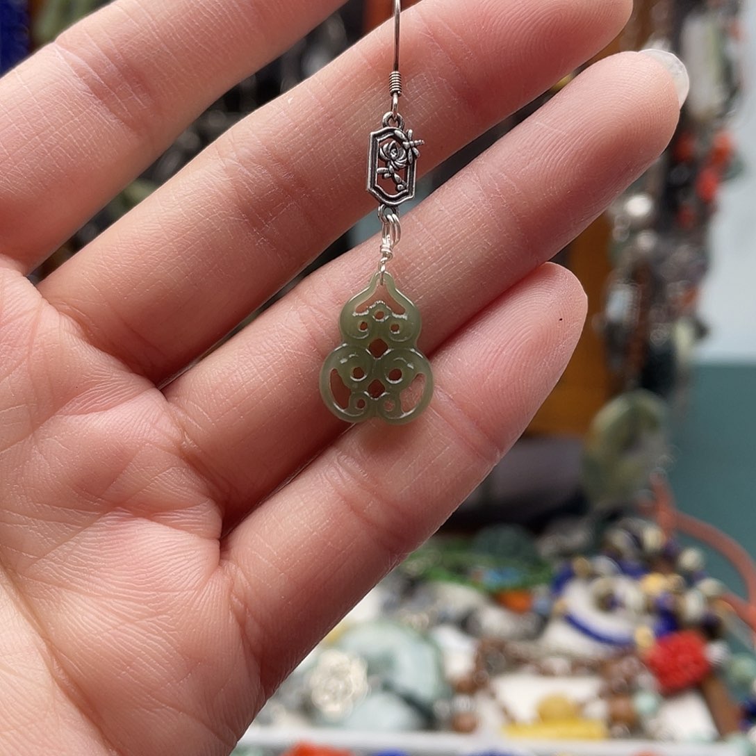 和田玉耳饰银S925镶嵌饰品