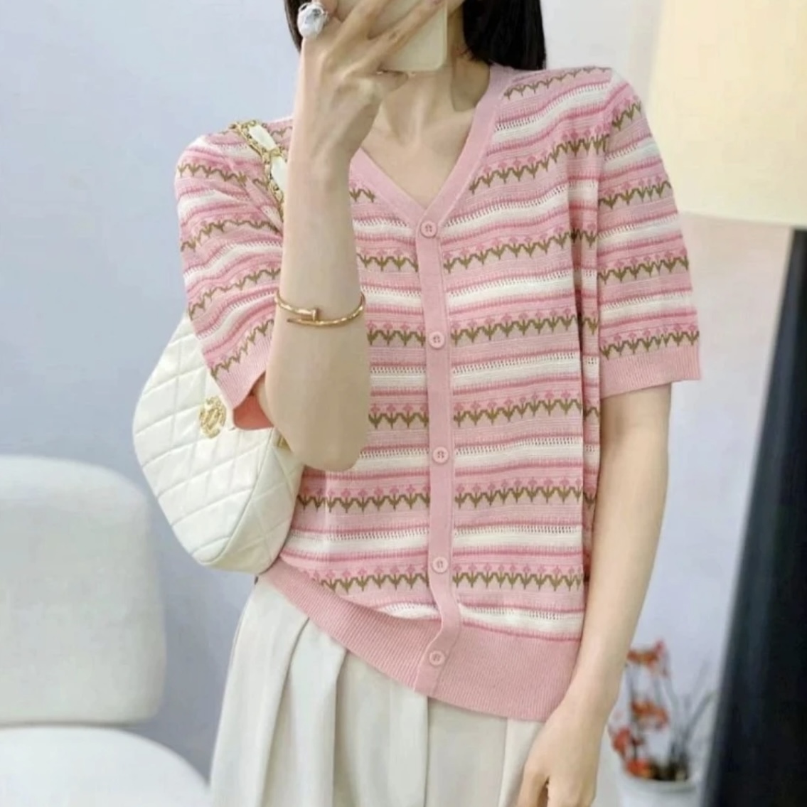 小香风V领针织短袖女春夏季薄款开衫冰爽丝t恤25新款宽松半袖01