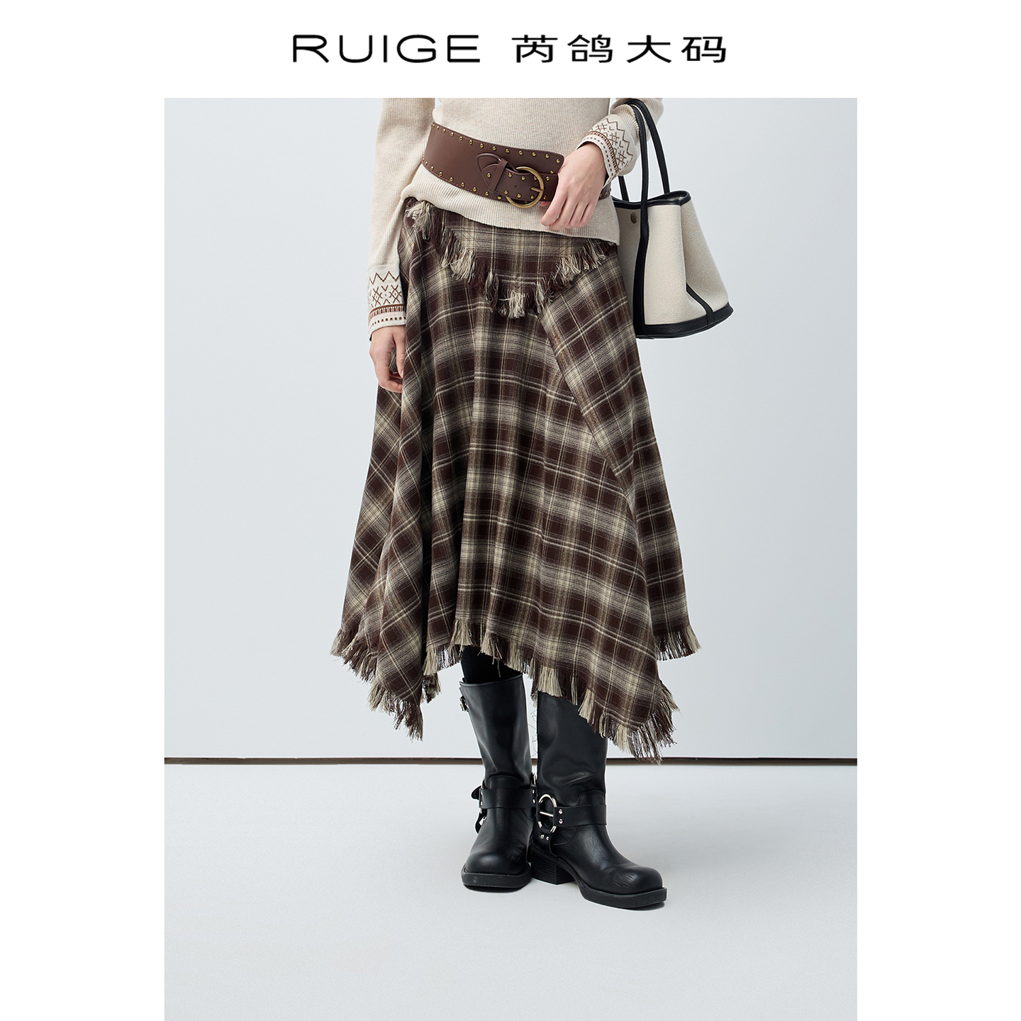 芮鸽微胖定制【格影漫调】格纹长裙不规则半身裙微胖mm裙子2404ZJ