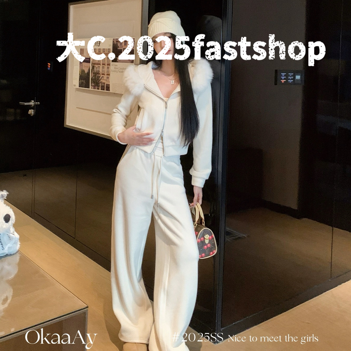 【CXX】冬季网红加绒加厚卫衣毛领外套长裤显瘦气质套装