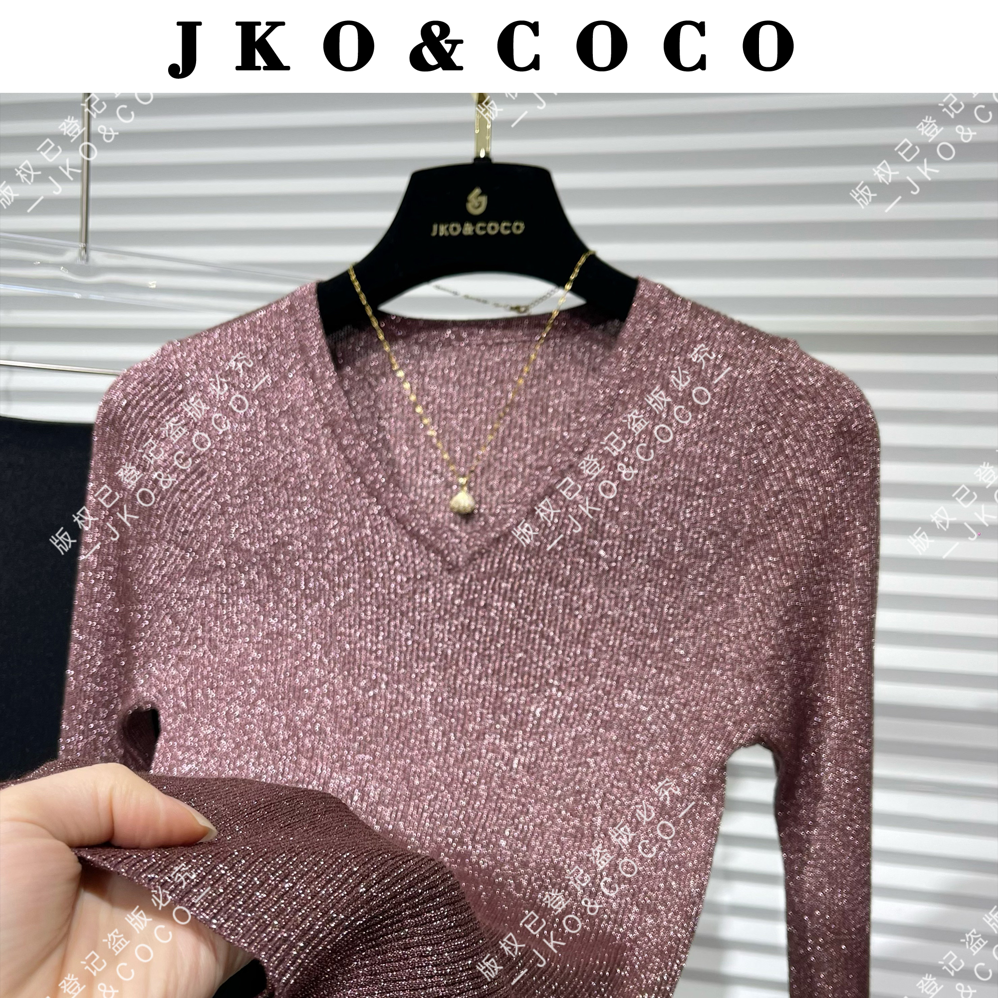 JKO&COCO【晚宴流光】早秋气质百搭进口水晶纱 修身显瘦 V领 针织衫