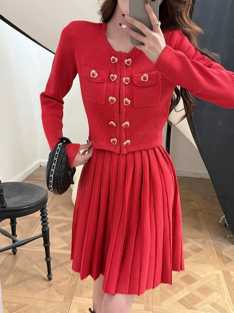 s ORG精致新年穿搭 气质名媛小香风针织外套上衣+百褶半身裙套装