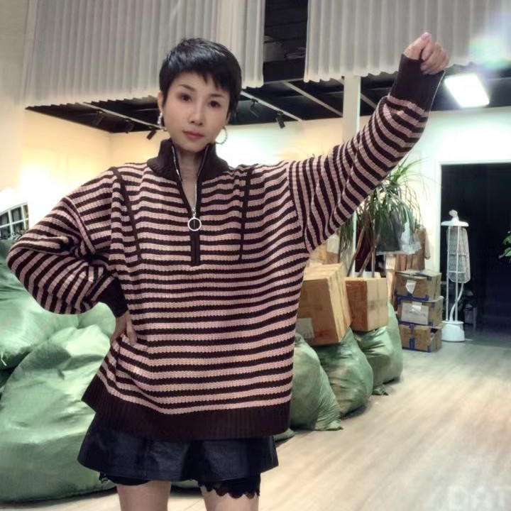 套头半拉链条纹韩版秋冬休闲风针织衫-果梓495