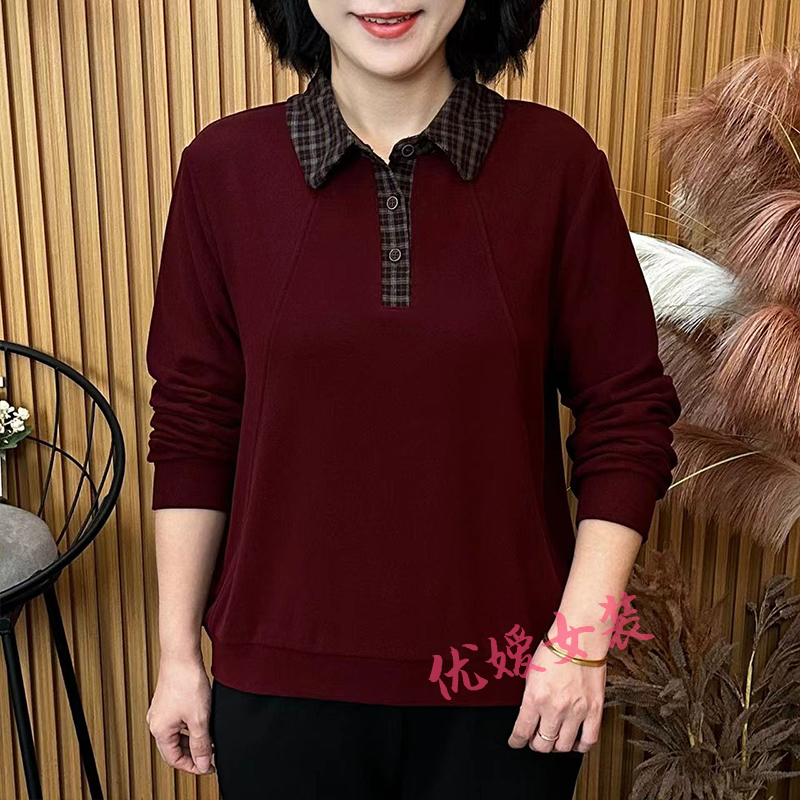 中老年女装秋冬保暖格子翻领拼接宽松显瘦百搭洋气妈妈装长袖上衣