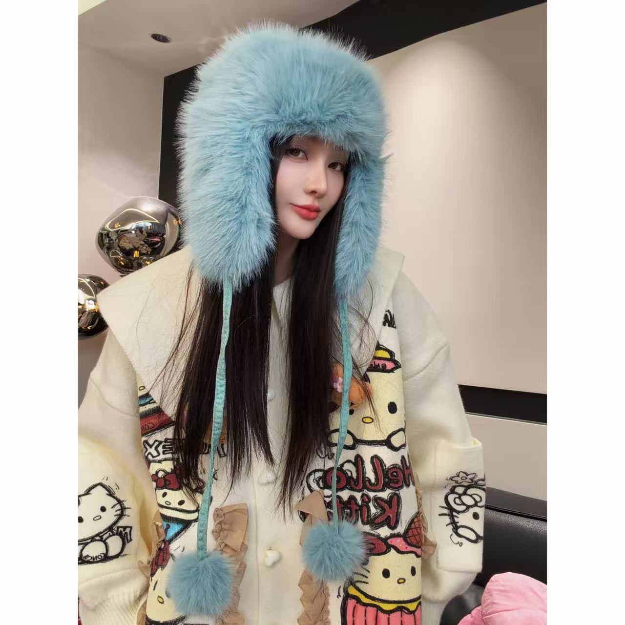 秋冬毛绒绒可爱小毛球护耳雷锋帽韩系保暖帽子女可爱