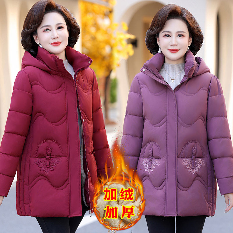 妈妈新款时尚棉衣中长款加绒加厚保暖中老年女装冬装连帽棉服外套