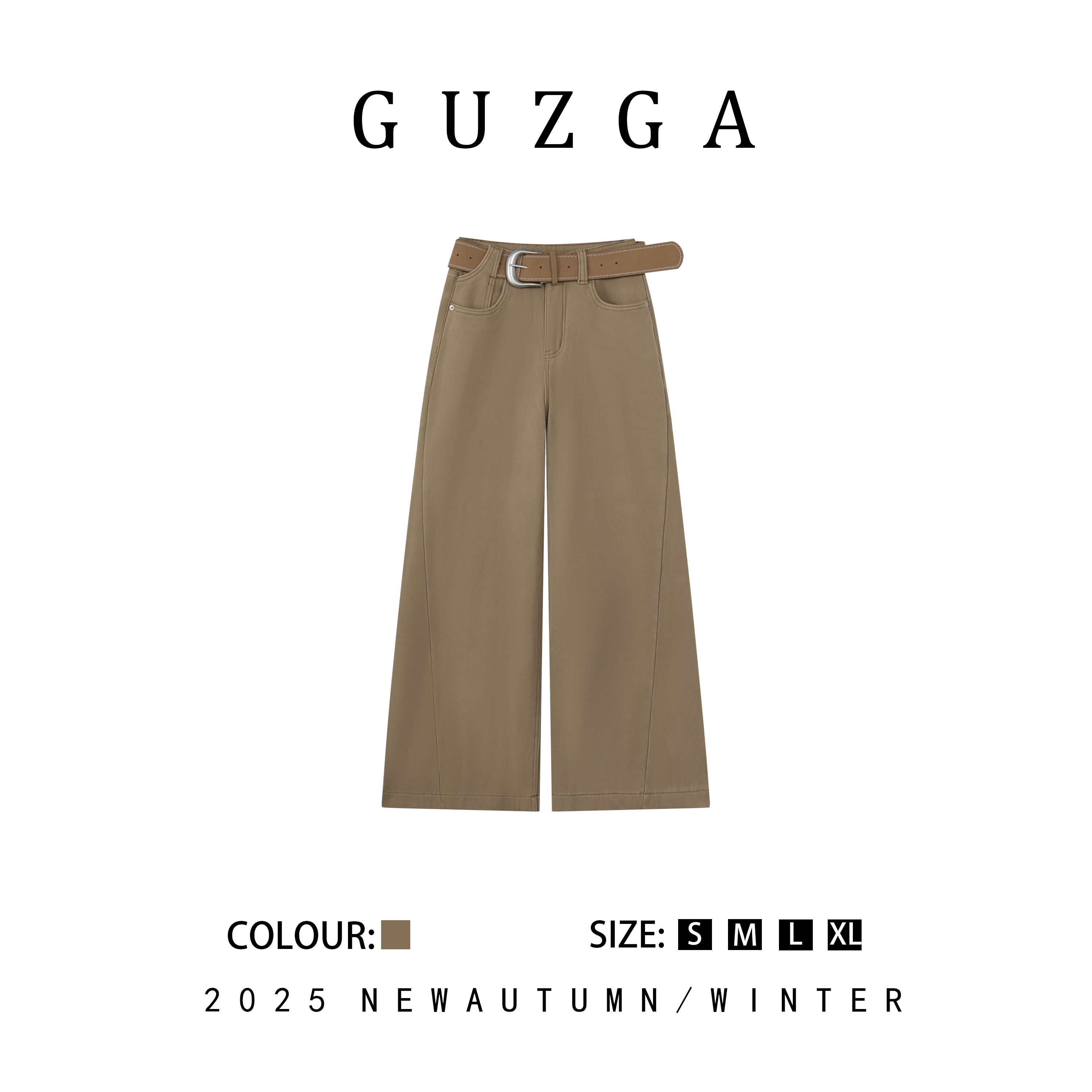 GUZGA【聪慧过人】（加绒）卡其色高腰阔腿裤女时尚百搭简约直筒秋冬