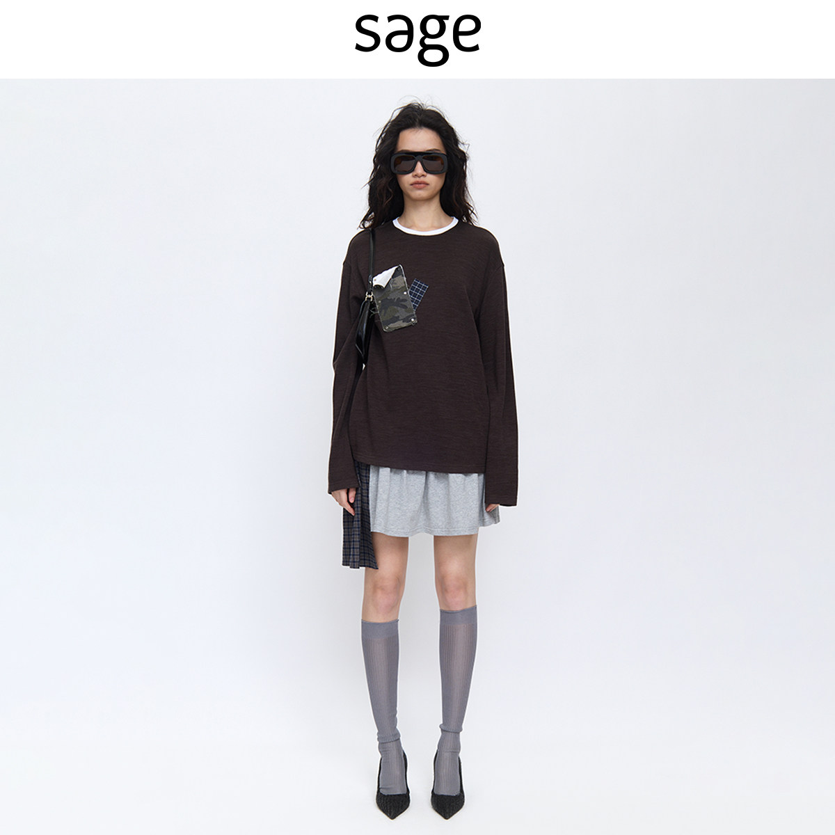 sagestudio 松果红棕错位拼贴长袖T恤